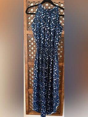 Navy Printed Smocked-Waist Maxi Dress - Navy with Blue & White Spots